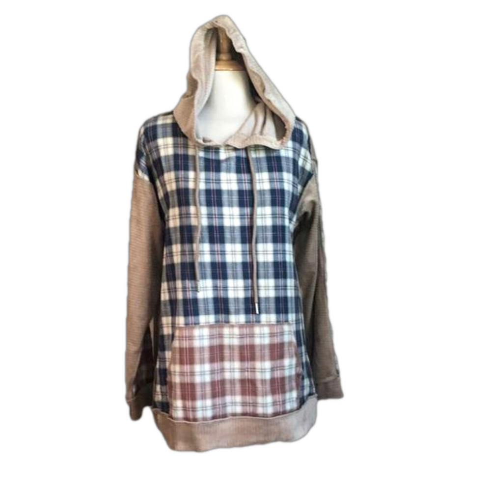New KORI Small Mixed Plaid Exposed Seams Soft Cozy Cotton Pullover Hoodie Cabin